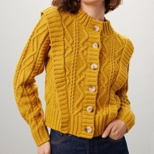 Central Park West Mustard Cable Knit Cardigan